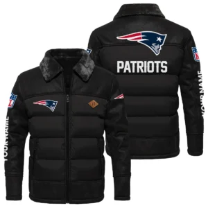 New England Patriots Puffer Jacket Fur Collar Leather Patchwork Custom Name