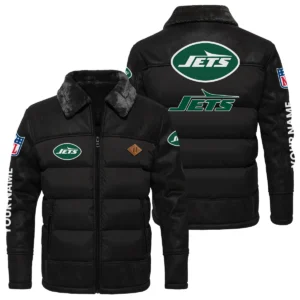 New York Jets Puffer Jacket Fur Collar Leather Patchwork Custom Name