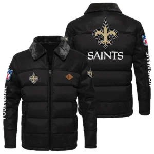 New Orleans Saints Puffer Jacket Fur Collar Leather Patchwork Custom Name