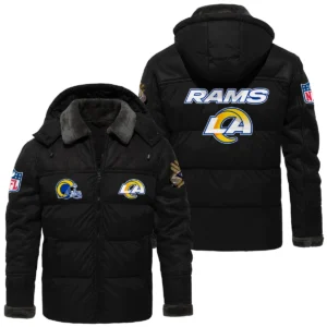 Los Angeles Rams Puffer Jacket Hooded Detachable x PU Leather Custom Name