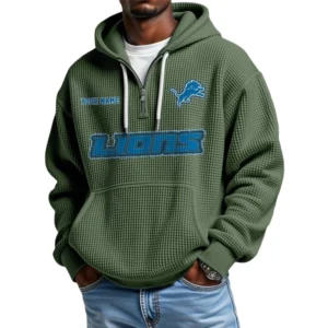 Detroit Lions Waffle Knit Hoodie Quarter Zip Personalize Name
