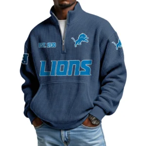 Detroit Lions Men’s Quarter Zip Pullover Sweatshirt Waffle Knit Pocket
