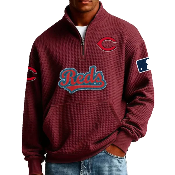 Cincinnati Reds Men’s Quarter Zip Pullover Sweatshirt Waffle Knit Pocket New 2026 Limited