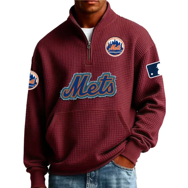 New York Mets Men’s Quarter Zip Pullover Sweatshirt Waffle Knit Pocket New 2026 Limited