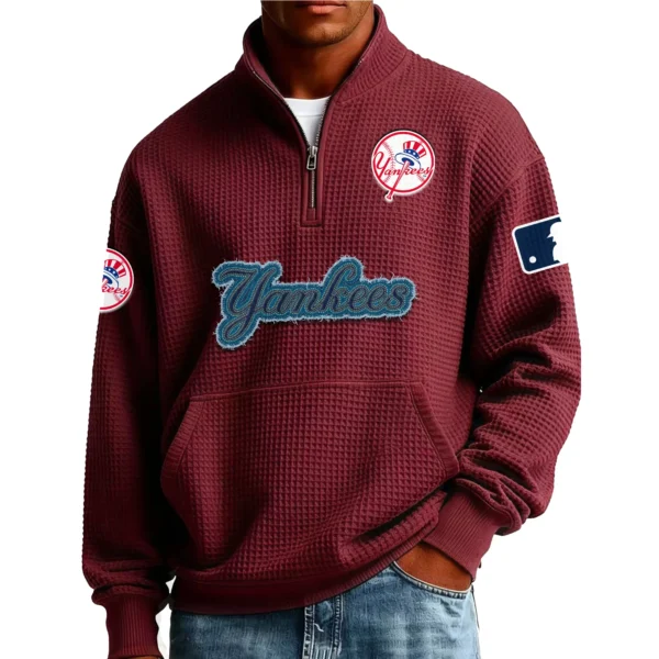 New York Yankees Men’s Quarter Zip Pullover Sweatshirt Waffle Knit Pocket New 2026 Limited