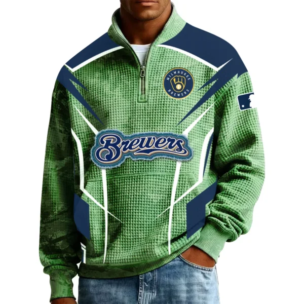 Milwaukee Brewers Men’s Quarter Zip Pullover Sweatshirt Waffle Knit Pocket 2026 Limited