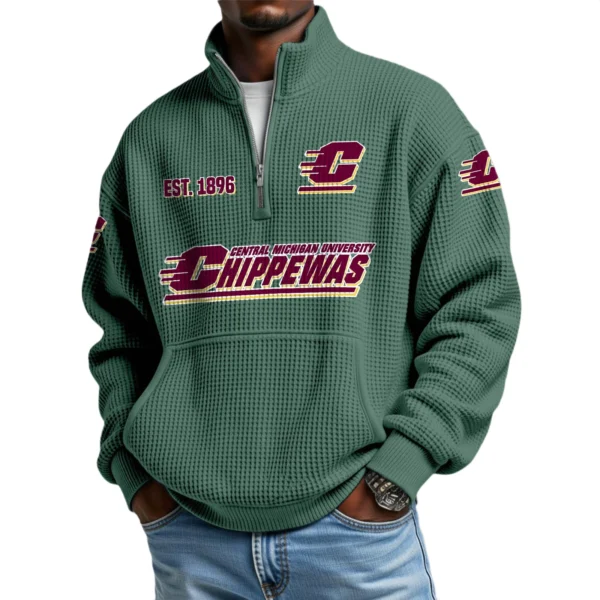 Central Michigan Chippewas Men’s Quarter Zip Pullover Sweatshirt Waffle Knit Pocket