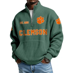 Clemson Tigers Men’s Quarter Zip Pullover Sweatshirt Waffle Knit Pocket