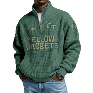 Georgia Tech Yellow Jackets Men’s Quarter Zip Pullover Sweatshirt Waffle Knit Pocket