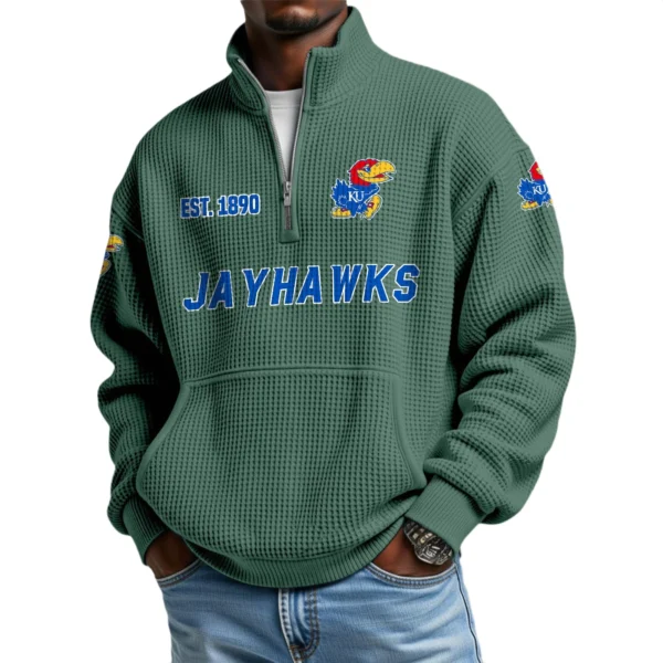Kansas Jayhawks Men’s Quarter Zip Pullover Sweatshirt Waffle Knit Pocket