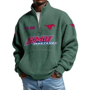 SMU Mustangs Men’s Quarter Zip Pullover Sweatshirt Waffle Knit Pocket