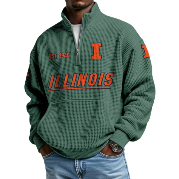 Illinois Fighting Illini Men’s Quarter Zip Pullover Sweatshirt Waffle Knit Pocket