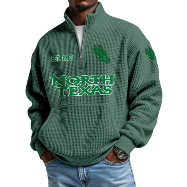 North Texas Mean Green Men’s Quarter Zip Pullover Sweatshirt Waffle Knit Pocket