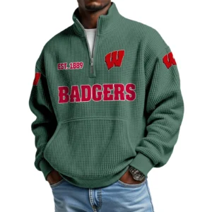 Wisconsin Badgers Men’s Quarter Zip Pullover Sweatshirt Waffle Knit Pocket