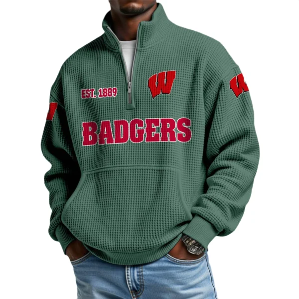Wisconsin Badgers Men’s Quarter Zip Pullover Sweatshirt Waffle Knit Pocket