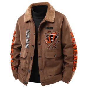 Cincinnati Bengals Men's Sherpa Collar Casual Jacket Button Front Casual Outerwear