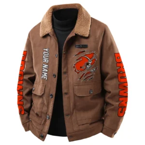Cleveland Browns Men's Sherpa Collar Casual Jacket Button Front Casual Outerwear