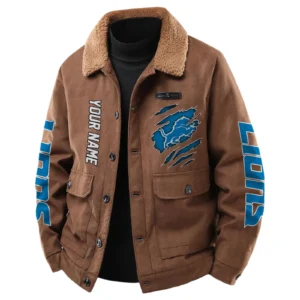 Detroit Lions Men's Sherpa Collar Casual Jacket Button Front Casual Outerwear