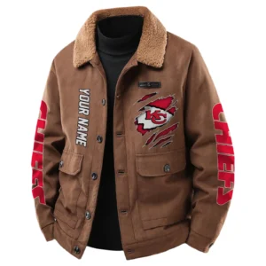 Kansas City Chiefs Men's Sherpa Collar Casual Jacket Button Front Casual Outerwear