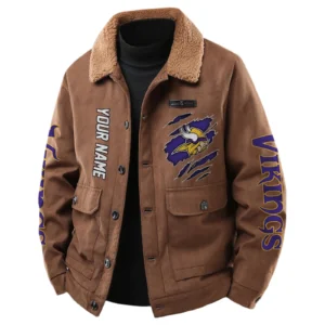 Minnesota Vikings Men's Sherpa Collar Casual Jacket Button Front Casual Outerwear