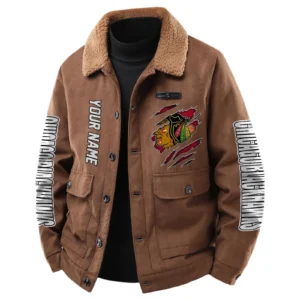 Chicago Blackhawks Men's Sherpa Collar Casual Jacket Button Front Casual Outerwear
