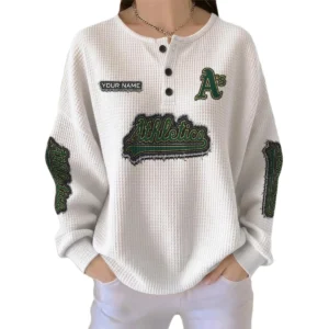 Athletics Women’s Waffle Knit Button Front Long Sleeve Shirt Personalize Name