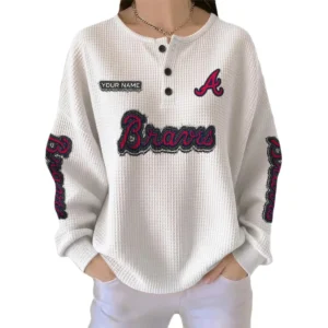 Atlanta Braves Women’s Waffle Knit Button Front Long Sleeve Shirt Personalize Name