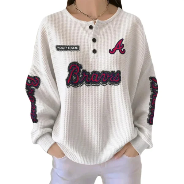 Atlanta Braves Women’s Waffle Knit Button Front Long Sleeve Shirt Personalize Name