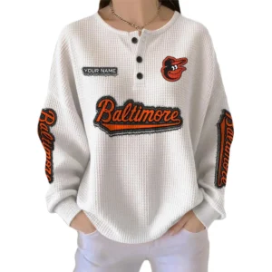 Baltimore Orioles Women’s Waffle Knit Button Front Long Sleeve Shirt Personalize Name