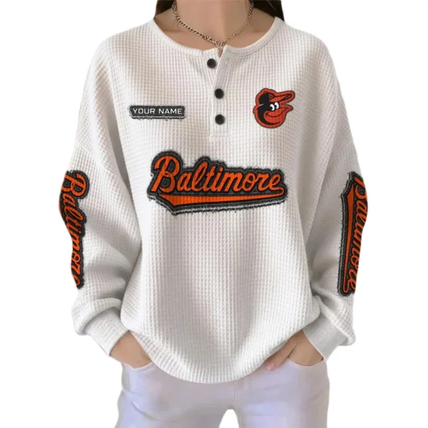 Baltimore Orioles Women’s Waffle Knit Button Front Long Sleeve Shirt Personalize Name