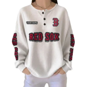 Boston Red Sox Women’s Waffle Knit Button Front Long Sleeve Shirt Personalize Name