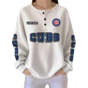Chicago Cubs Women’s Waffle Knit Button Front Long Sleeve Shirt Personalize Name