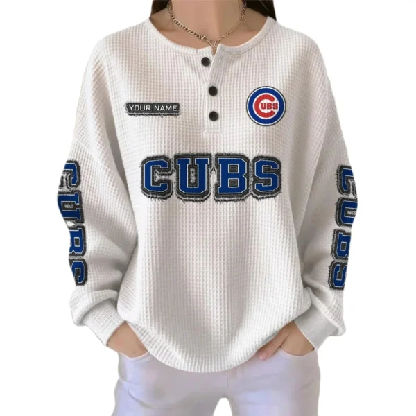 Chicago Cubs Women’s Waffle Knit Button Front Long Sleeve Shirt Personalize Name