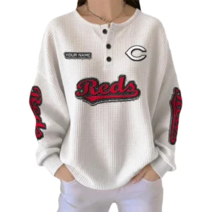 Cincinnati Reds Women’s Waffle Knit Button Front Long Sleeve Shirt Personalize Name