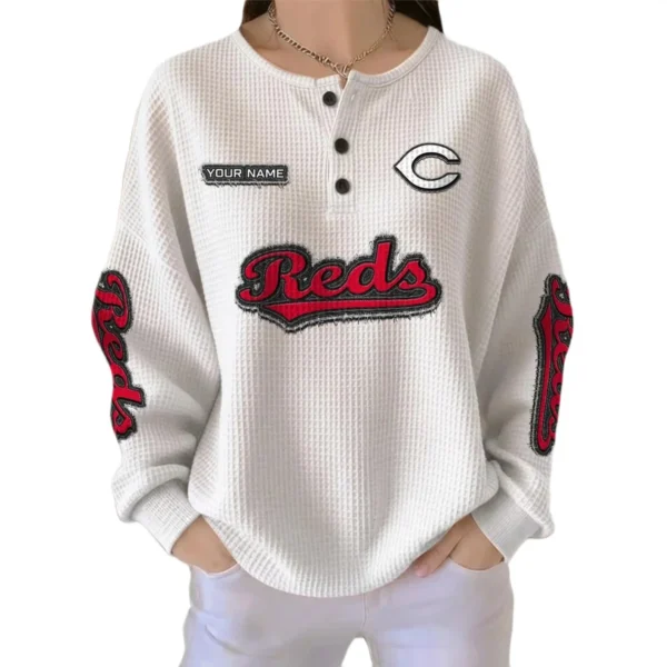 Cincinnati Reds Women’s Waffle Knit Button Front Long Sleeve Shirt Personalize Name