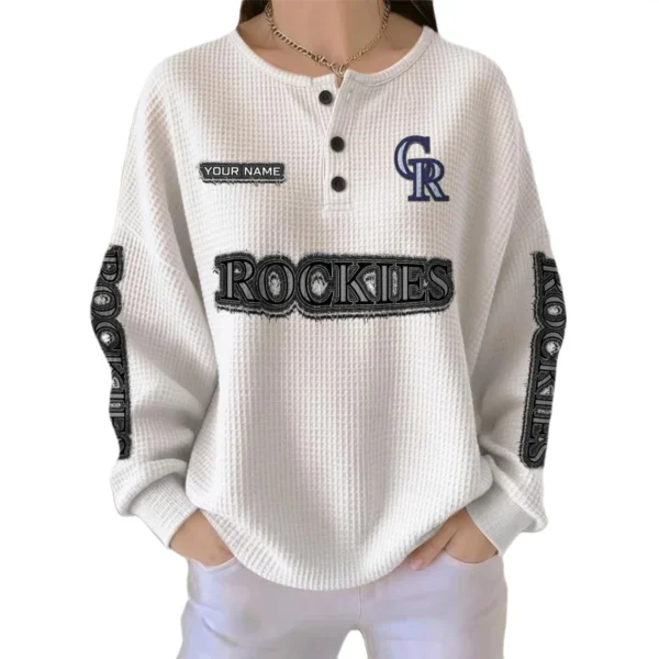 Colorado Rockies Women’s Waffle Knit Button Front Long Sleeve Shirt Personalize Name