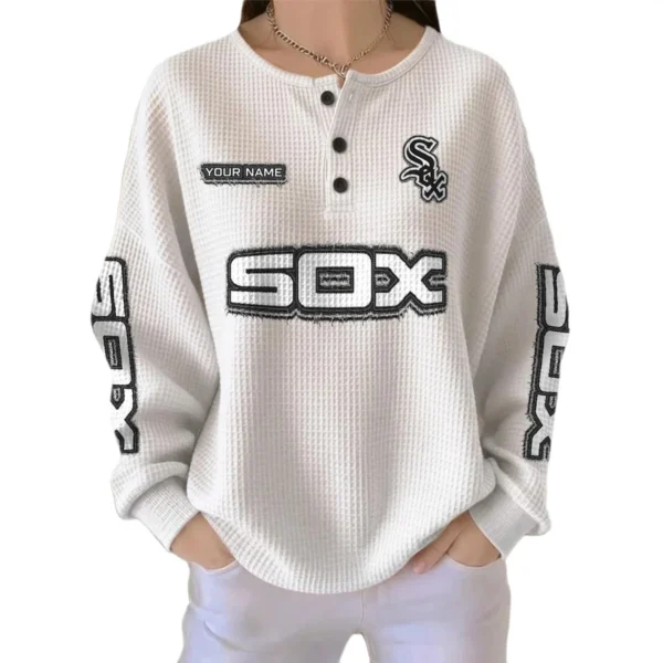Chicago White Sox Women’s Waffle Knit Button Front Long Sleeve Shirt Personalize Name