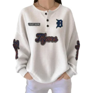 Detroit Tigers Women’s Waffle Knit Button Front Long Sleeve Shirt Personalize Name