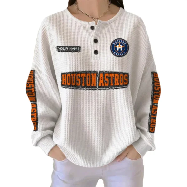 Houston Astros Women’s Waffle Knit Button Front Long Sleeve Shirt Personalize Name