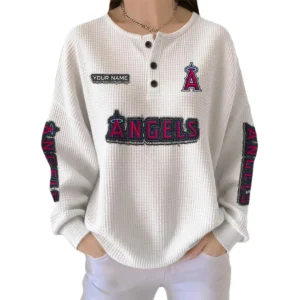 Los Angeles Angels Women’s Waffle Knit Button Front Long Sleeve Shirt Personalize Name