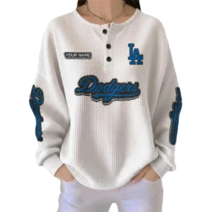 Los Angeles Dodgers Women’s Waffle Knit Button Front Long Sleeve Shirt Personalize Name