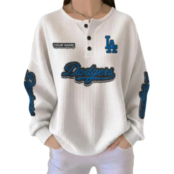 Los Angeles Dodgers Women’s Waffle Knit Button Front Long Sleeve Shirt Personalize Name