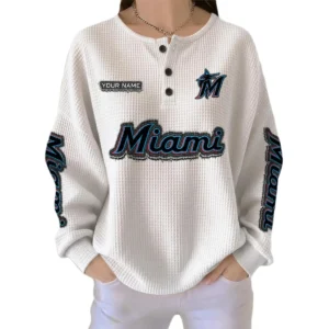 Miami Marlins Women’s Waffle Knit Button Front Long Sleeve Shirt Personalize Name