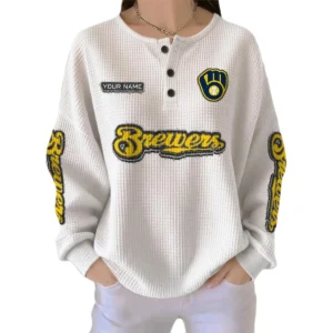 Milwaukee Brewers Women’s Waffle Knit Button Front Long Sleeve Shirt Personalize Name