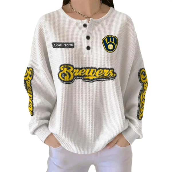 Milwaukee Brewers Women’s Waffle Knit Button Front Long Sleeve Shirt Personalize Name