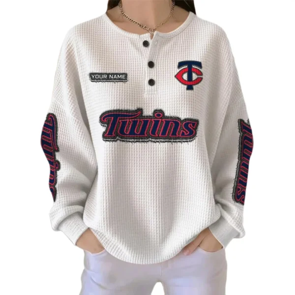 Minnesota Twins Women’s Waffle Knit Button Front Long Sleeve Shirt Personalize Name