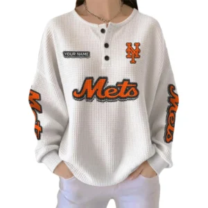 New York Mets Women’s Waffle Knit Button Front Long Sleeve Shirt Personalize Name