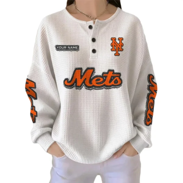 New York Mets Women’s Waffle Knit Button Front Long Sleeve Shirt Personalize Name