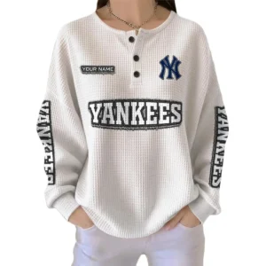New York Yankees Women’s Waffle Knit Button Front Long Sleeve Shirt Personalize Name