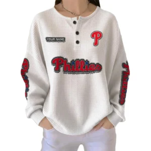 Philadelphia Phillies Women’s Waffle Knit Button Front Long Sleeve Shirt Personalize Name